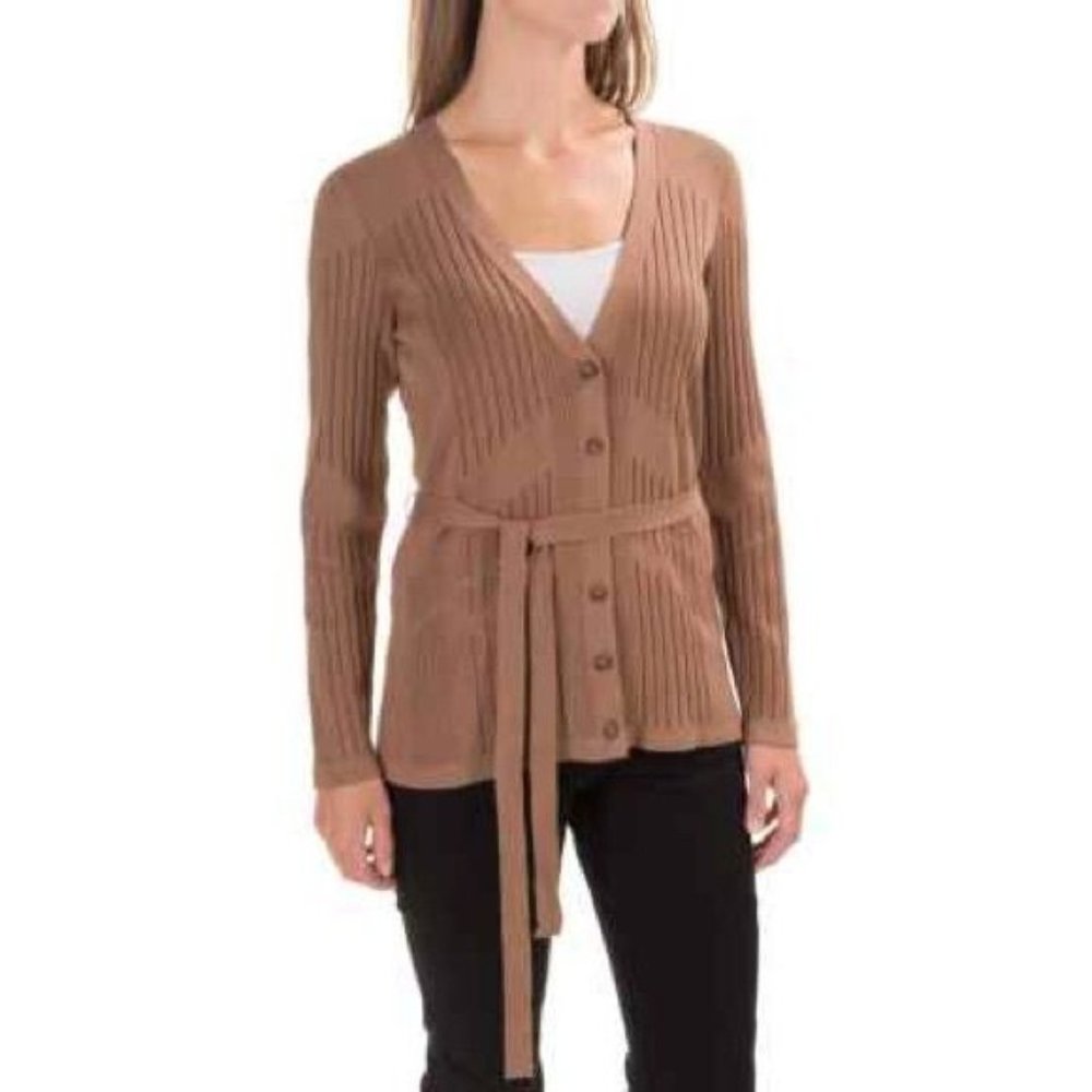 Pendleton Size S Silk Blend Button Tie Ribbed Knit Brown Cardigan
